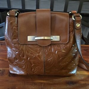 Patricia Nash Embossed Carved Leather Shoulder Bag - Cognac Brown